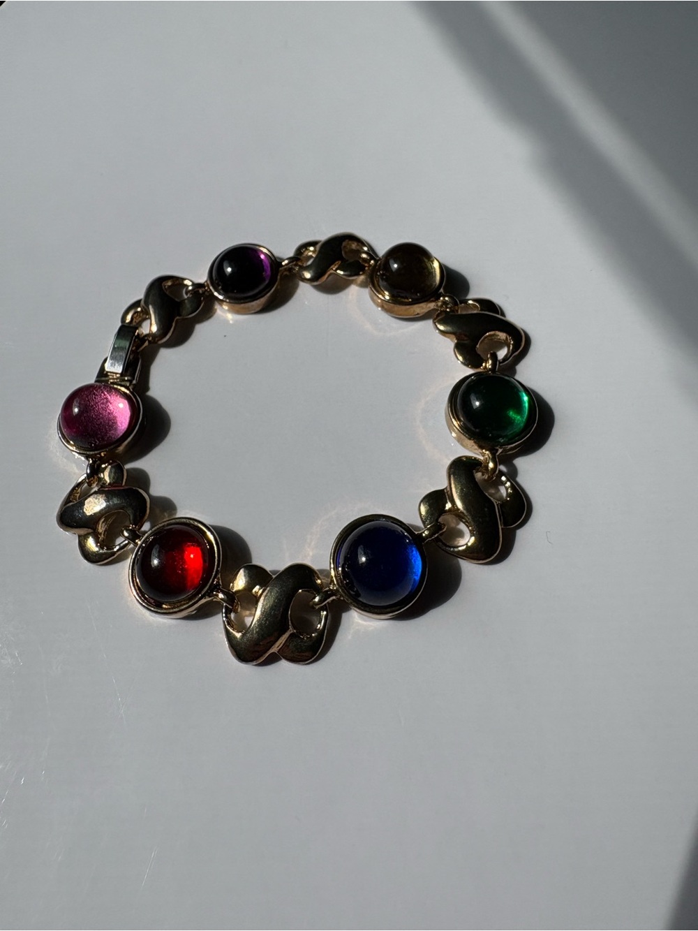 Vintage Gold Jewel Tone Cabochon Bracelet Loop Chainlink Gripoix Mogul Gemstones